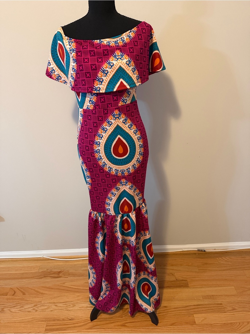 Fuchsia Off-Shoulder Printed Maxi Dress